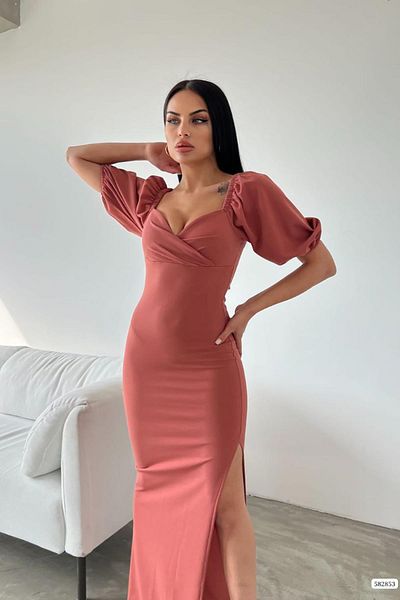 Deafox Φόρεμα Dusty Rose Maxi - Διπλό γιακά, μανίκι με μπαλόνι και λεπτομέρεια με σκίσιμο