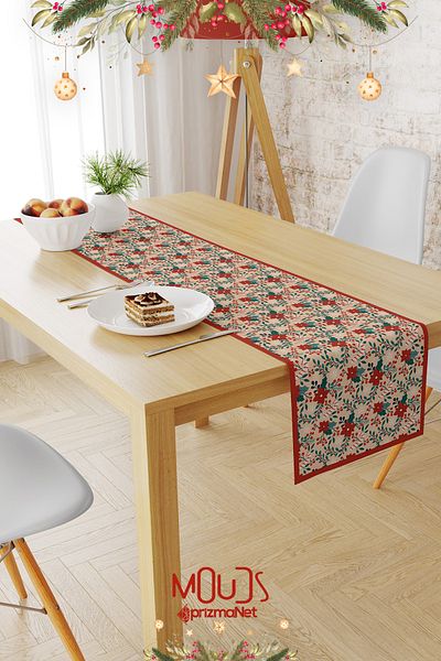 Moud's Christmas Patterned Kokina Flower Runner - Laceless Suede Tablecloth