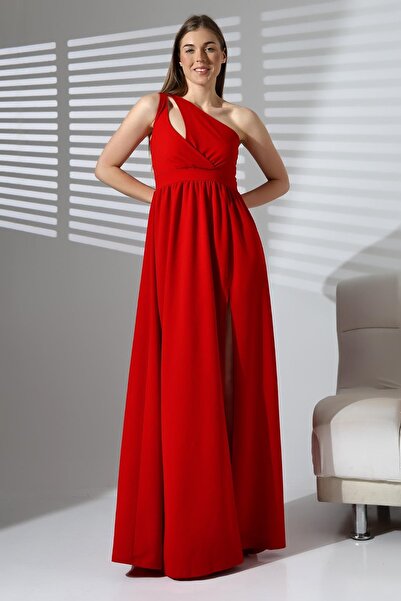 Deafox Red imported crepe fabric one shoulder long side slit dress