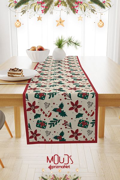 Moud's Christmas Patterned Cream Cockina Flower Runner - Laceless Suede Tablecloth