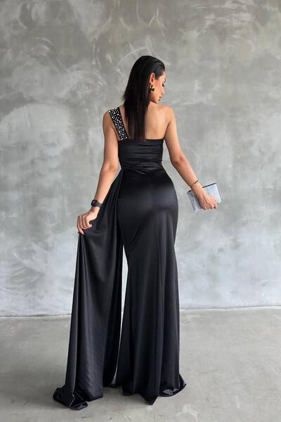 Deafox Večerní šaty s dlouhým maxi délkou z černého saténového kamene