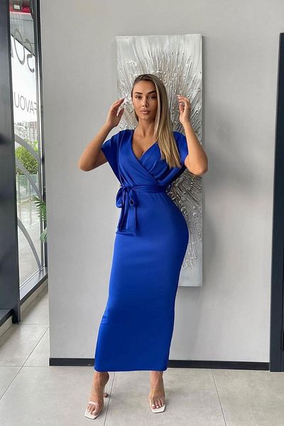 Deafox Φόρεμα Scuba Fabric Scuba με λεπτομέρεια ζώνης Saks Blue με διπλό γιακά