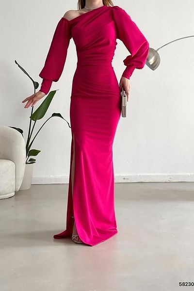 Deafox Rochie cu mânecă lungă de lungime maxi din țesătură creponă fucsia cu un umăr
