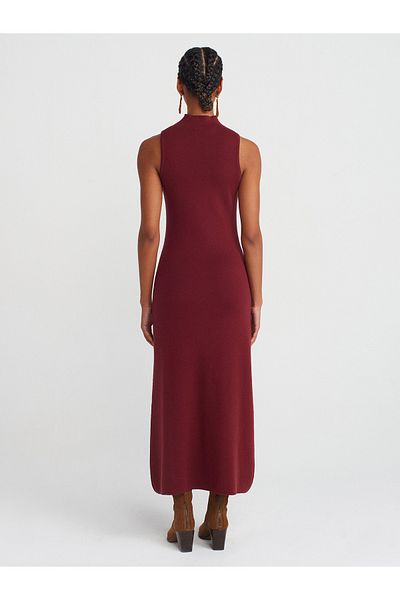 Dilvin 90239 Burgundy Stand Collar Knitwear Dress - M.