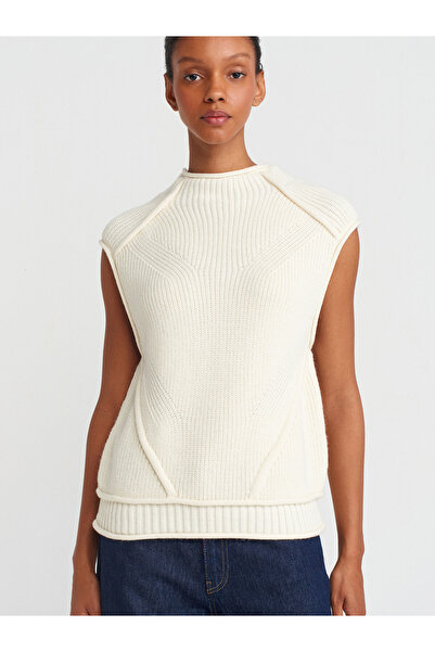 Dilvin 10669 Ecru Knitwear Sweater - Stand Collar and Stitching Knit Detail