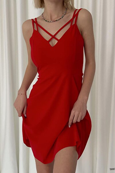 Deafox Red Cross Strap Imported Crepe Fabric Dress