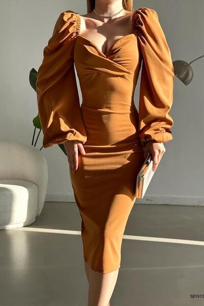 Deafox Mustard Princess Sleeve Slit Detailed Heart Collar Midi Dress