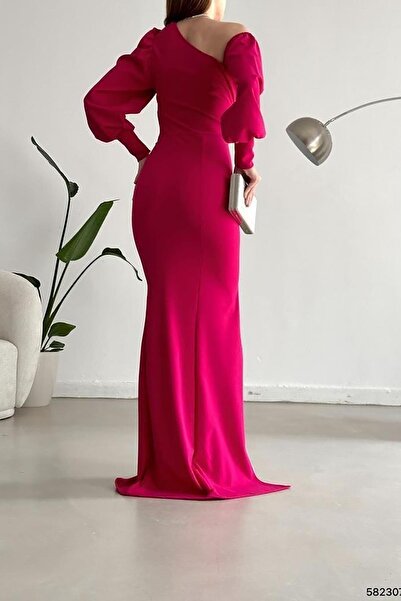 Deafox Fuchsia One Shoulder Open Detail Imported Crepe Fabric Maxi Length Long Sleeve Dress
