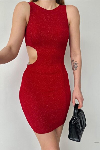 Deafox Red Bodycone Cut-out Mini Size Glittery Fukuro Fabric Dress