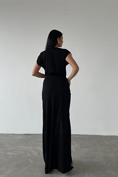 Deafox Black Sandy Fabric Double Breasted Slit Maxi Length Dress