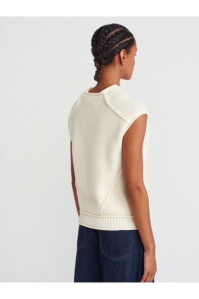 Dilvin 10669 Ecru Knitwear Sweater - Stand Collar and Stitching Knit Detail