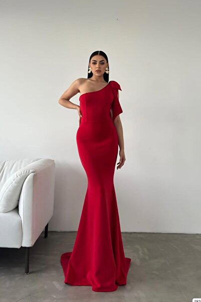 Deafox Red Scuba Fabric - One Shoulder Bow Detail Fish Model Dress