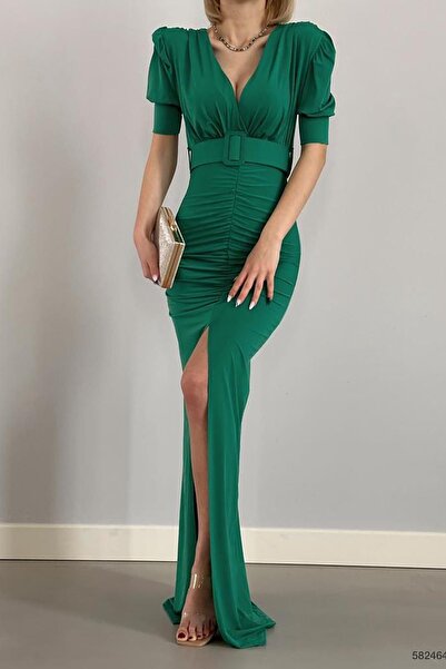 Deafox Zümrüt Yeşili Sandy Kumaş Önü Yırtmaçlı Kemerli Elbise