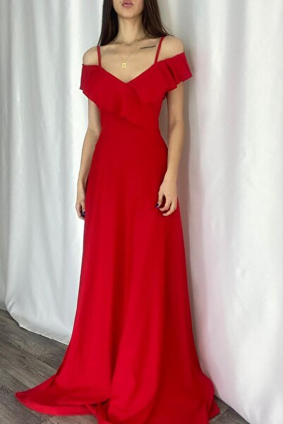 Deafox Kırmızı Yaka Volanlı Krep Kumaş Uzun Abiye Elbise
