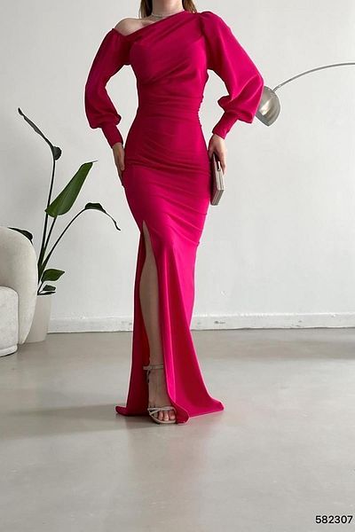 Deafox Rochie cu mânecă lungă de lungime maxi din țesătură creponă fucsia cu un umăr