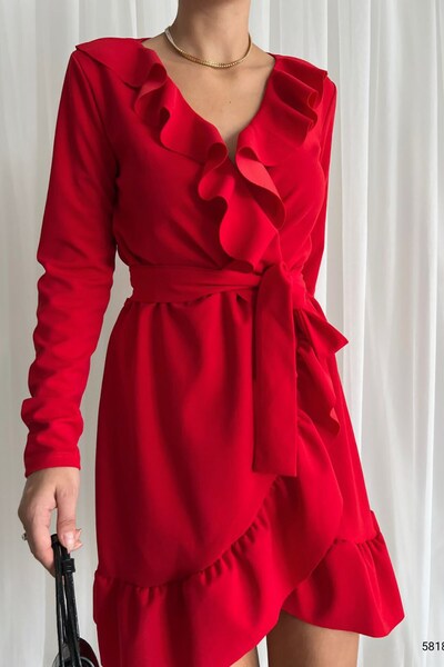 Deafox Piros fodros elülső és Flounce öves ruha