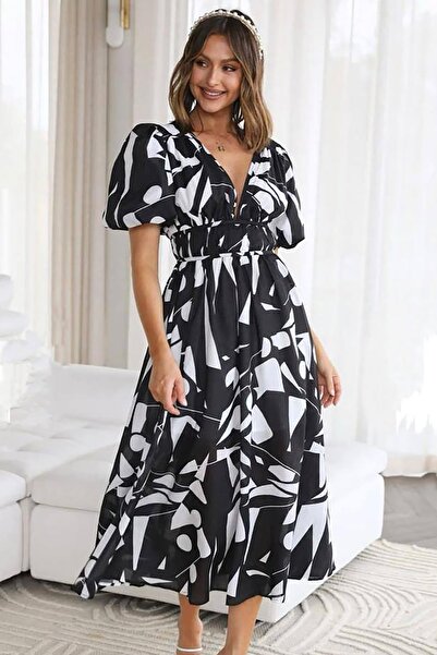 Deafox Siyah Beyaz Dijital Baskılı Keten Kumaş İçi Astarlı Bel Büzgülü Midi B...