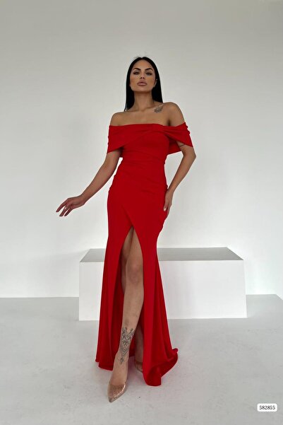 Deafox Červené importované krepové šaty Madonna límec s rozparkem v maxi délce