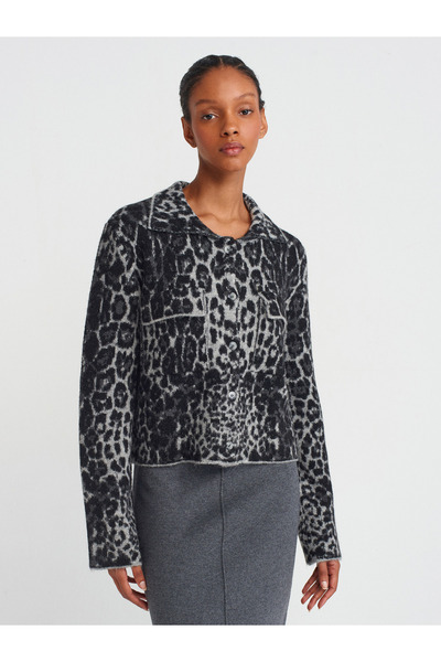 Dilvin 60296 Polo Neck Button Pocket Leopard Knitwear Cardigan-Smoked