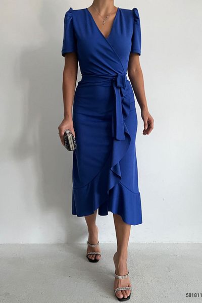 Deafox Saks Blue Crepe Fabric rövid ujjú öves Midi ruha