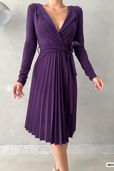 Deafox Purple Long Sleeve Crepe Fabric Pleated Belt Dress