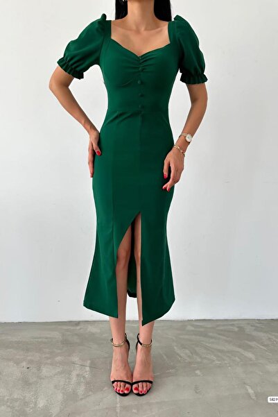 Deafox Yeşil Önden Yırtmaçlı Düğme Detay Kısa Kollu Krep Elbise