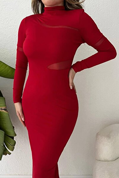 Deafox Rochie transparentă căptușită cu detaliu din tul din țesătură nisipoasă roșie