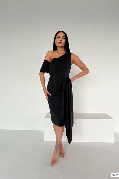 Deafox Μαύρο Scuba Fabric One Shoulder Midi Μήκος Σχεδιαστή Φόρεμα