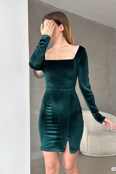 Deafox Emerald Green Velvet Fabric Slit Detailed Long Sleeve Mini Dress
