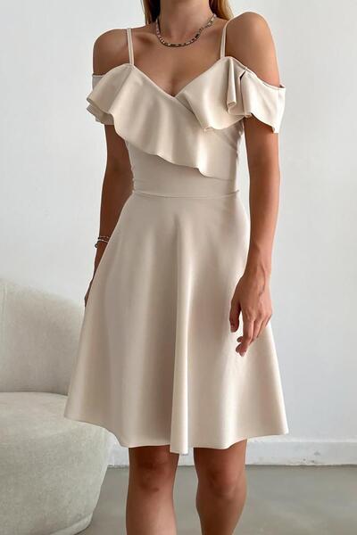 Deafox Bej Rengi Askılı Omuz Fırfırlı Elbise