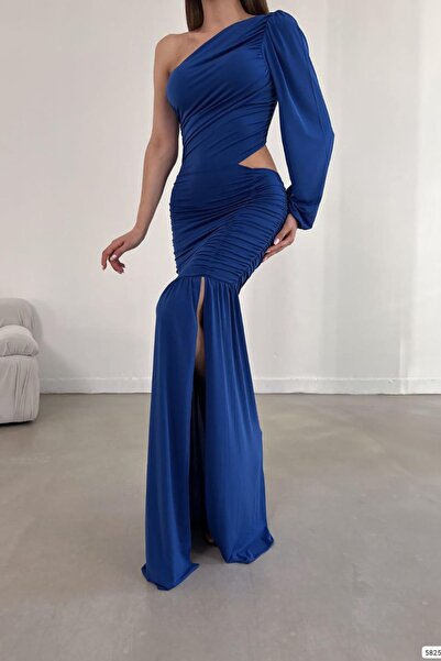 Deafox Сакс синій однорукавний сукня з пісочним кольором тканини, декольте на талії та збірками