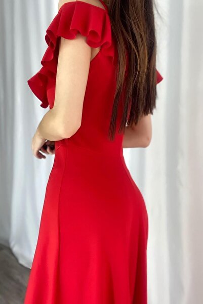 Deafox Kırmızı Yaka Volanlı Krep Kumaş Uzun Abiye Elbise