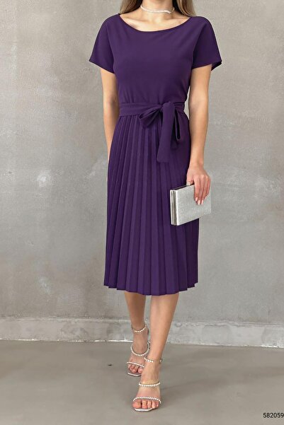 Deafox Rochie din țesătură creponată importată cu centură plisată violet