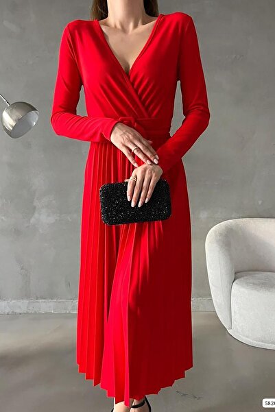 Deafox Piros duplasoros galléros hosszú ujjú krepp szövetből készült hosszú hajtogatott ruha övvel