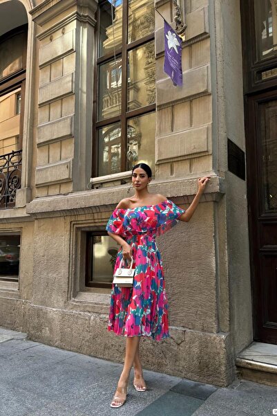 Deafox Φούξια σιφόν φόρεμα - γιακάς Madonna και πιέτα με στάμπα