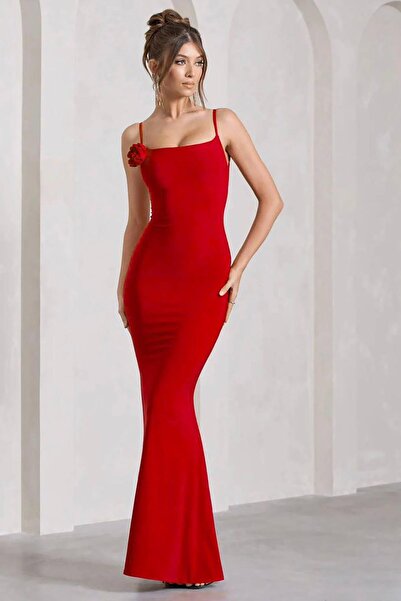 Deafox Red Strap Sandy Fabric Back Low-cut and Draped Dress