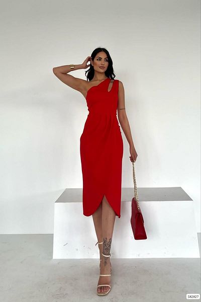 Deafox Rochie midi din țesătură creponată roșie cu un singur umăr