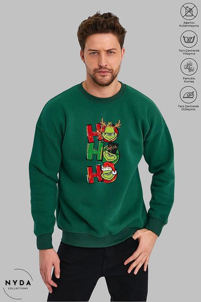 Nyda Collections Unisex Grinch Hohoho Πρωτοχρονιάτικο χριστουγεννιάτικο στάμπα με λαιμόκοψη χωρίς κουκούλα υπερμεγέθη φούτερ