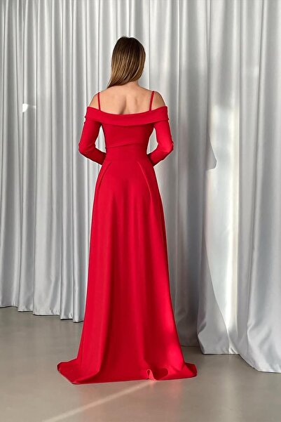 Deafox Piros vékony pántos hosszú ujjú hasított részlet Maxi méretű importált krepp szövet ruha