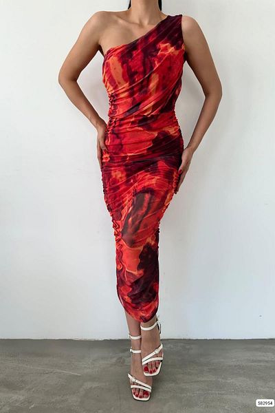 Deafox Rochie midi drapată cu model roșu pe un umăr