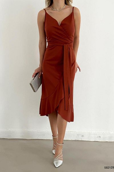 Deafox Rochie cu brâu cu volan de culoare cărămidă, lungime midi