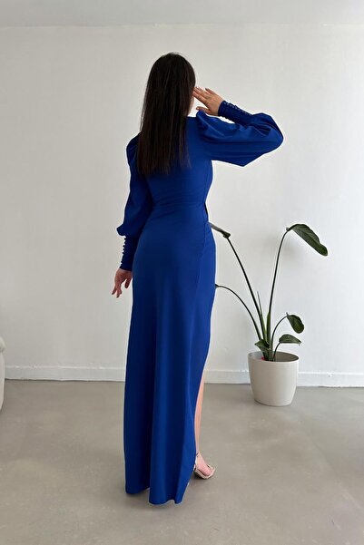 Deafox Saks kék ballon ujjú hasított részlet importált krepp anyagból készült hosszú estélyi ruha