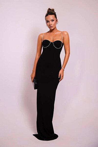 Deafox Maxi šaty Sandy Fabric – černá lycra, šátek s kamenným detailem, nařasená a kulovitá hruď