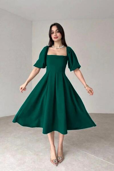 Deafox Balloon Sleeve and Pleated Square Collar Emerald Green Midi Dress