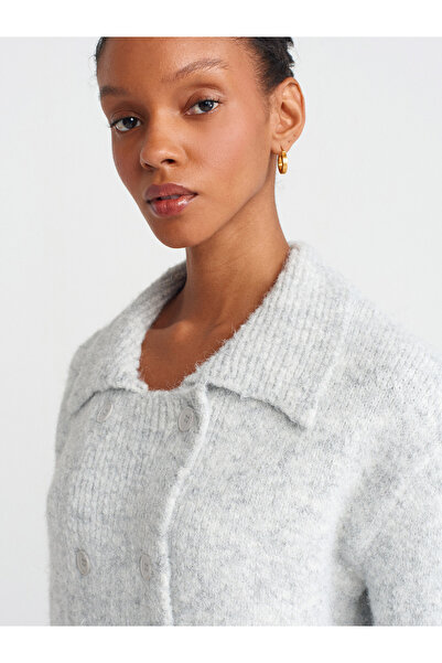 Dilvin 60928 Polo Neck Buttoned Soft Knitwear Cardigan-Gray Melange
