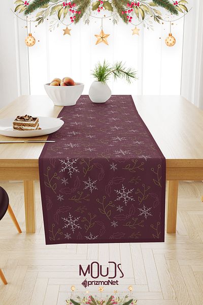 Moud's Christmas Patterned Burgundy Runner Tablecloth - Laceless Suede Fabric