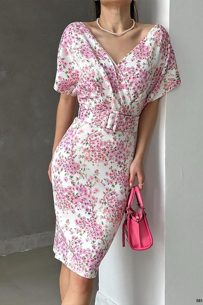 Deafox Rochie cu curea din stofă scuba cu model floral roz