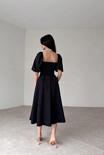 Deafox Square Neck Pleated Balloon Sleeve Black Crepe Midi Dress