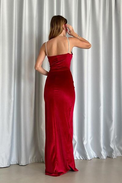 Deafox Rotes Kleid aus glitzerndem Samtstoff mit Trägerdetail