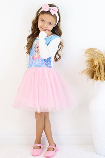 BABELEY GİRLS Babely Kız Çocuk Uzun Kollu Elbise Karlar Kraliçesi Elsa 5-10 Yaş, Mavi